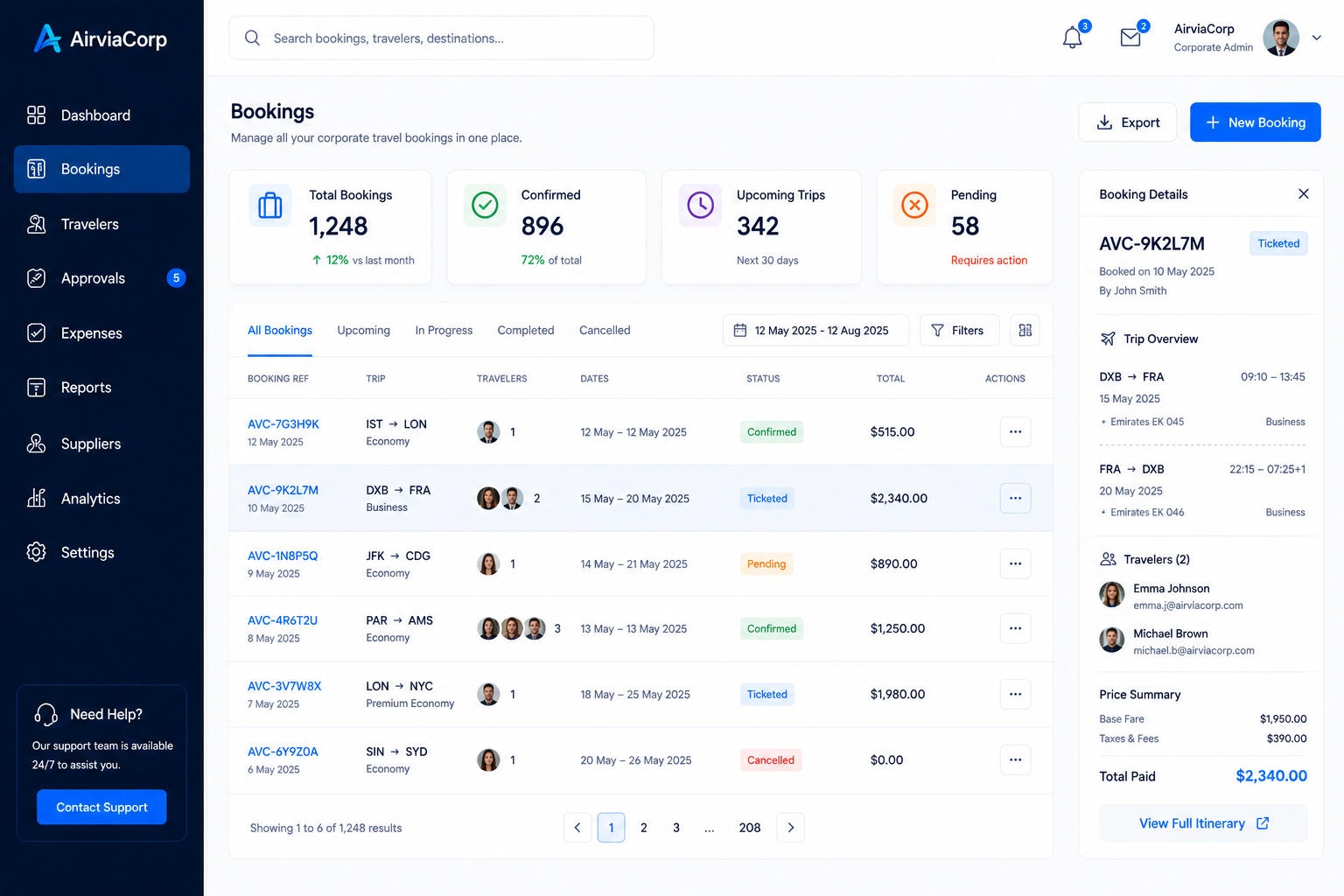 AirviaCorp bookings management screen